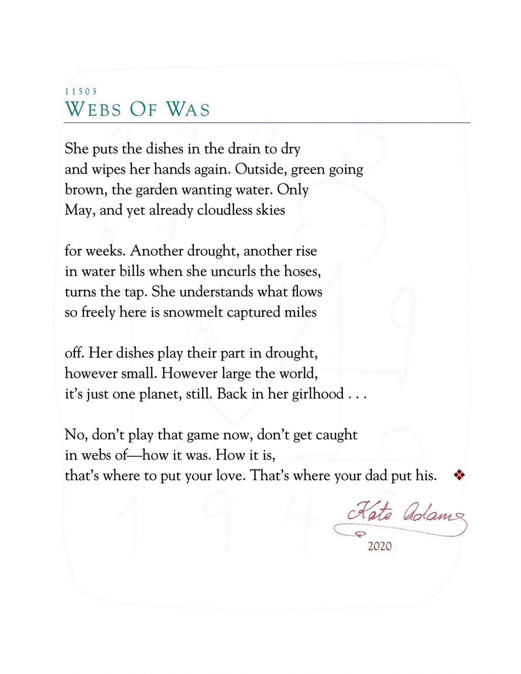 PDF of poem ”Webs Of Was“
dishes, drought, Hetch Hetchy, snowmelt