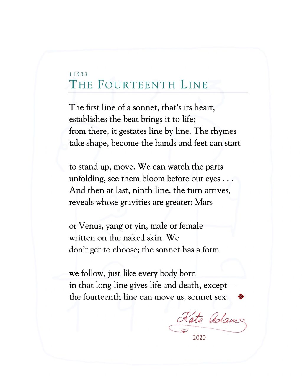 PDF of poem "The Fourteenth Line"
sonnet, Mars, Venus, yang, yin, sex, death