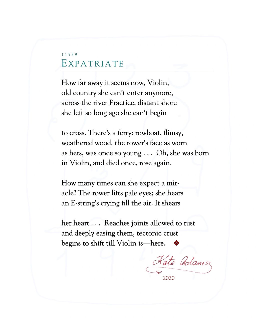 PDF of poem 11539|Expatriate
violin, old country, ferry, miracle, tectonic