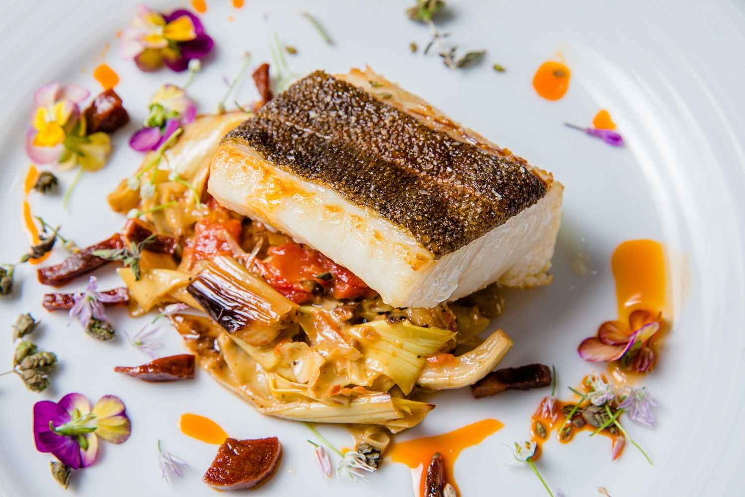 Ling Cod
Oven Dried Tomato, Fennel & Artichoke Ragout
Oregano Flower . Chorizo Chicharron
PC: Dana G