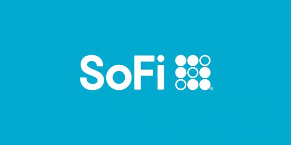 SoFi logo with white text and circular dots on a blue background.