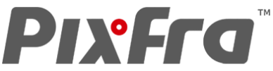 PixFra logo with stylized text and red dot.