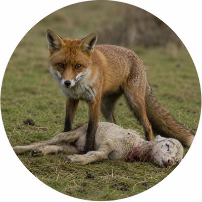 Fox standing protectively over its prey, a recently caught animal.