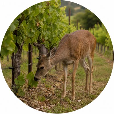 A deer feeding on leaves in a vineyard.