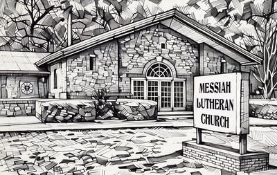 Messiah Lutheran Church line drawing highlighting our commitment to helping others
