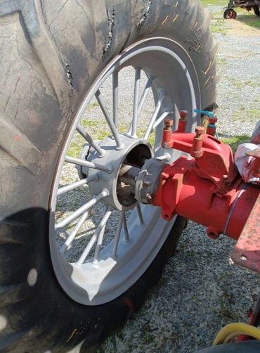 Tractor rim that has been sandblasted and is now ready for paint!