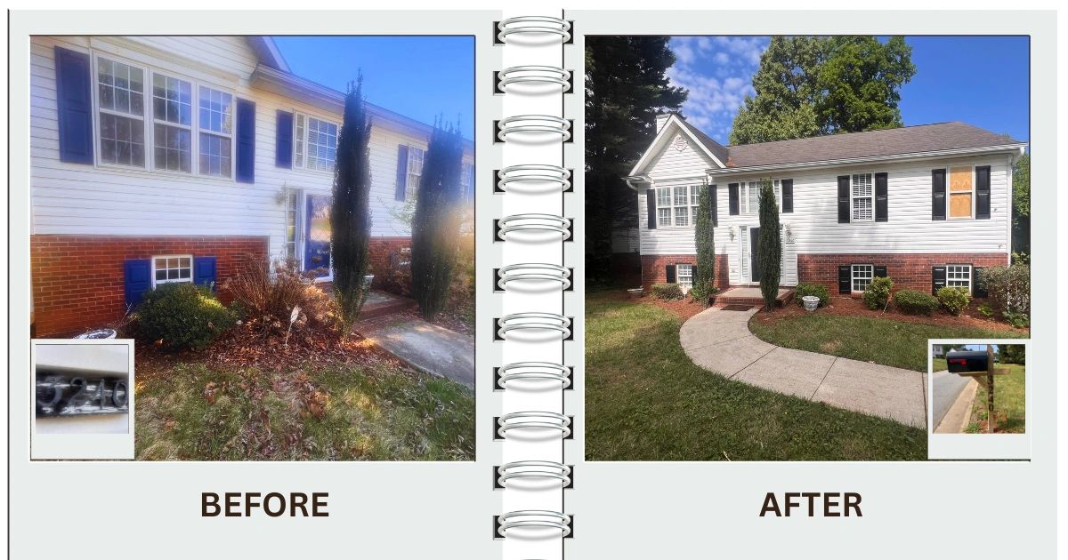 Before-and-after comparison of a house repaired and renovated, showing the transformation from damaged exterior and worn interior spaces to a fully restored home with updated finishes and improved structural quality.