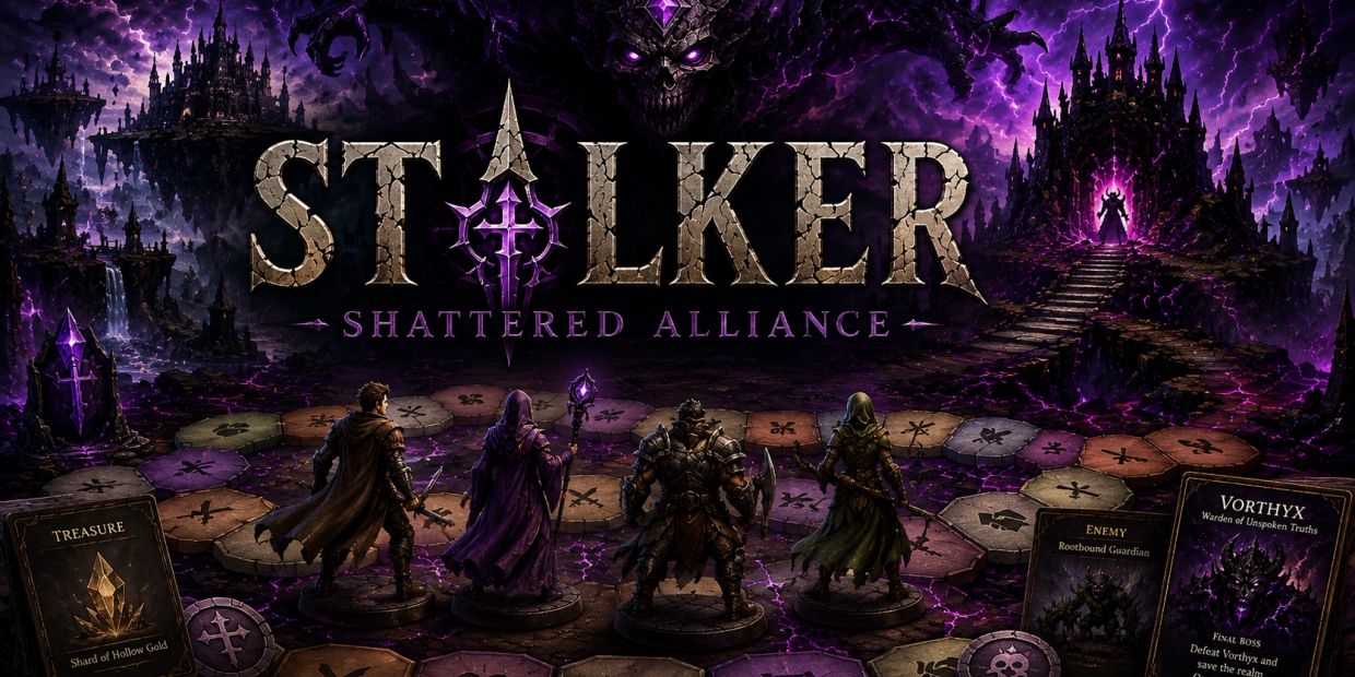 Stalker: Shattered Alliance board game with characters and dark fantasy setting.