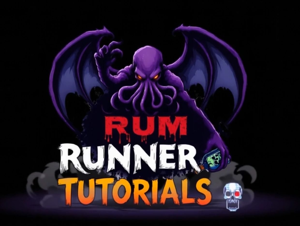 Purple octopus with wings holding a flask and text Rum Runner Tutorials.