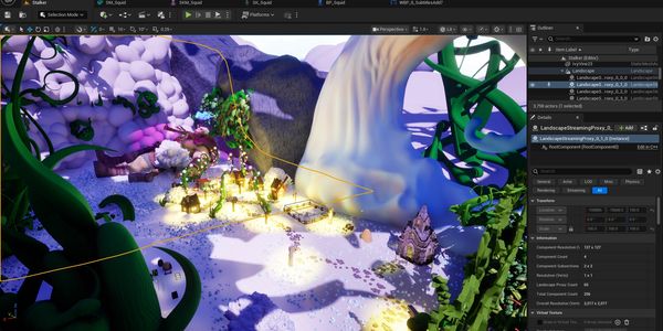 3D fantasy game environment with glowing lanterns and giant plants in a game editor.