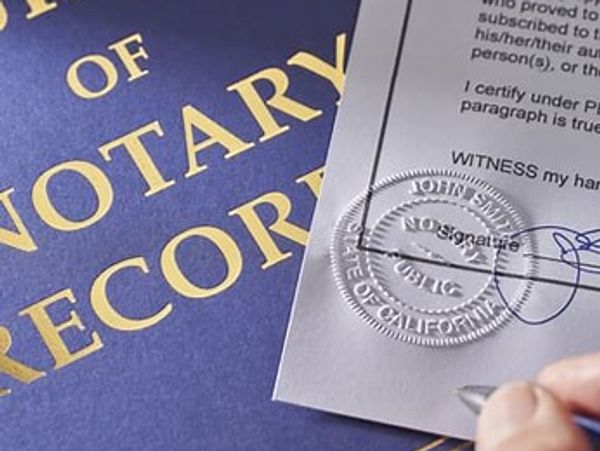 Close-up of a notary public document with an embossed seal and signature.