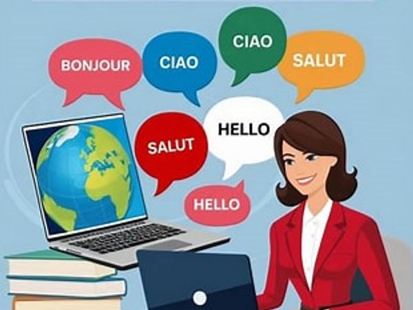 Woman offering translation services with multilingual greetings around her.