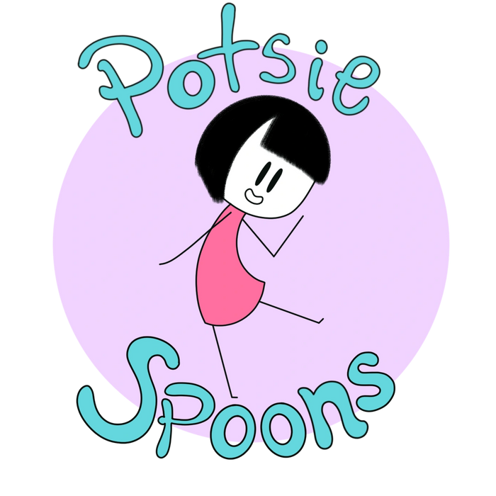 A drawing of a stick figure girl waving with the word “PotsieSpoons” around her.