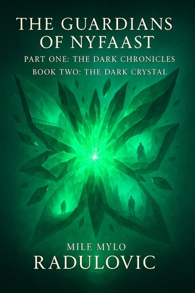 Book cover of a fantasy novel featuring a glowing green crystal and shadowy figures.