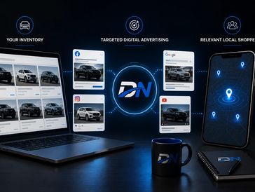 Digital car sales marketing with targeted ads and local shopping.