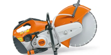 Orange and white STIHL TS 420 power cutter with a large circular blade.