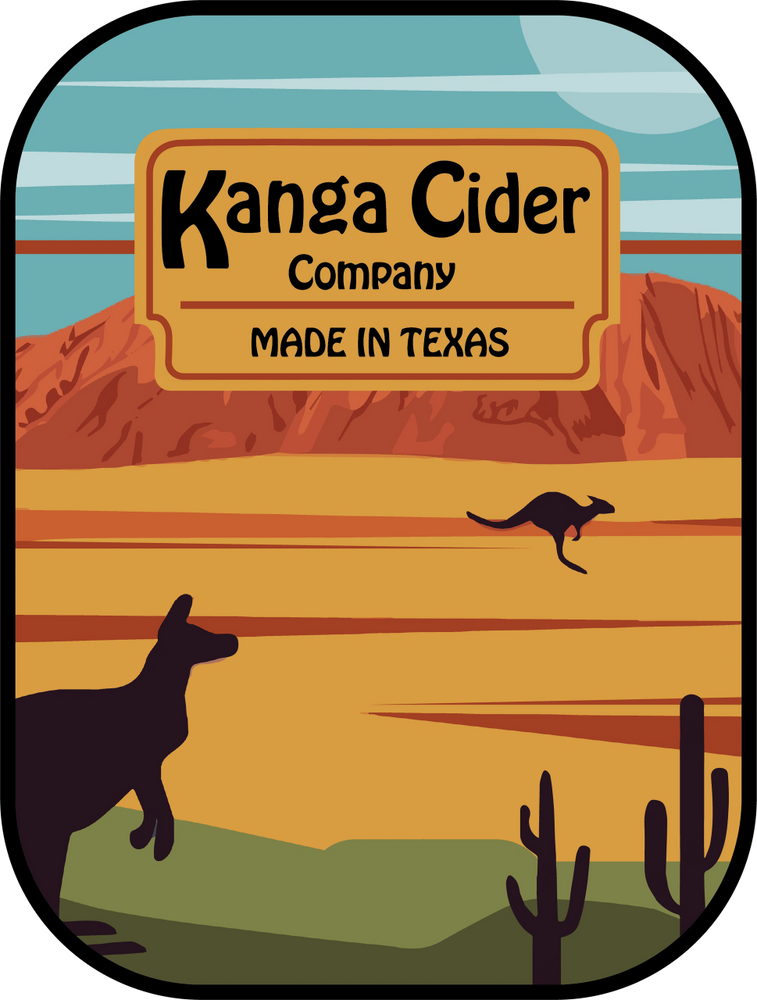 Vintage-style sign for Kanga Cider Company made in Texas with kangaroo silhouettes and desert scenery, which symbolizes the owners connection to Texas and Australia.
