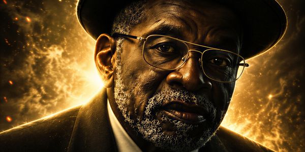 A man in a hat and glasses on a dramatic poster for 'The Wolfman and The Fight Goes With It'.
