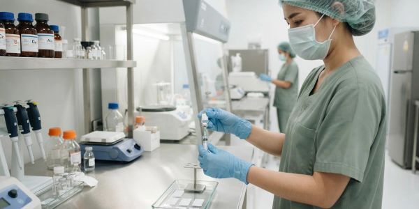 Nhân viên phòng thí nghiệm đang làm việc với ống nghiệm trong phòng sạch.