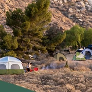 A campsite with several tents set among dry brush and trees near rocky hills.