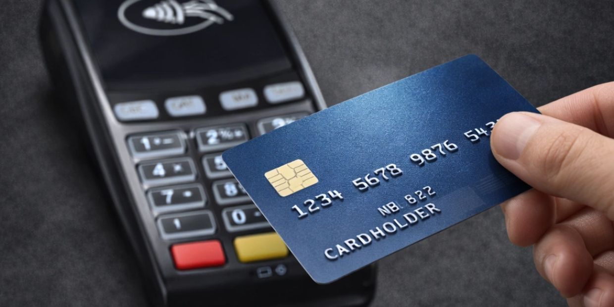 Hand holding a credit card near a payment terminal for contactless transactions.