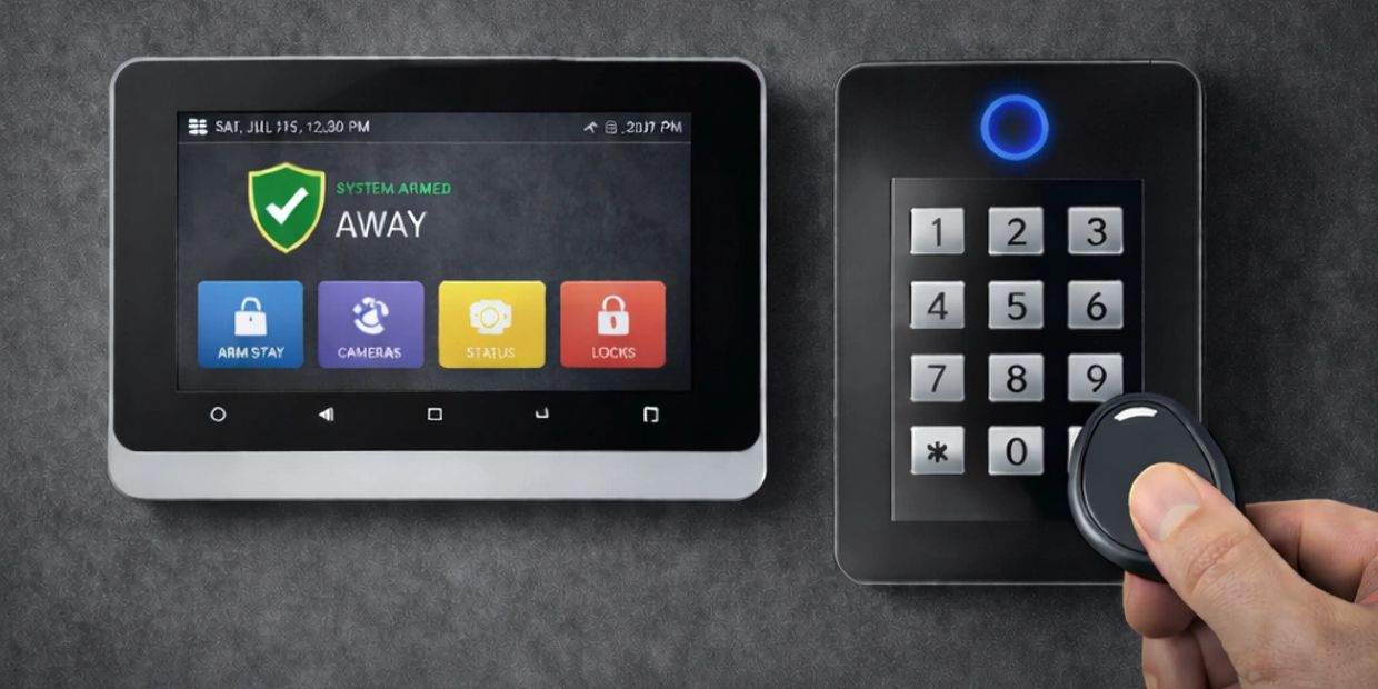 Home security and automation system with keypad and control panel.