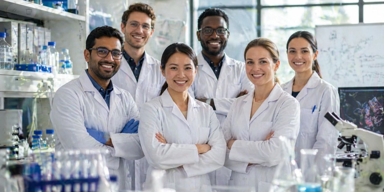 A diverse group of scientists smiling in a modern laboratory.