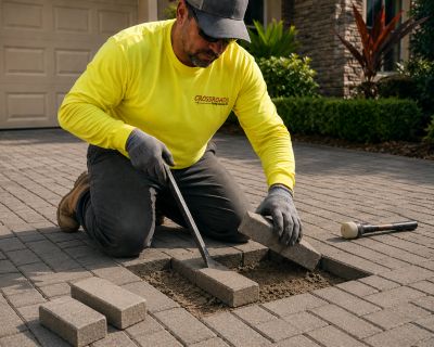 Worker laying bricks on a driveway.