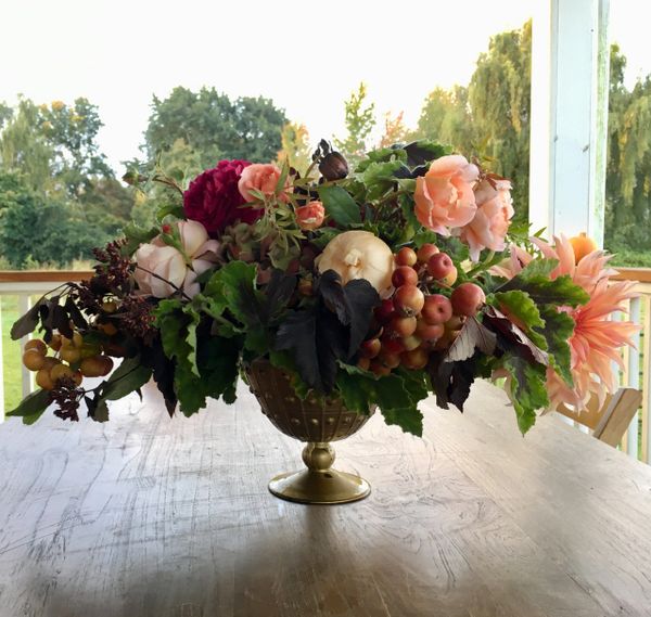 floral arrangement, fresh garden roses, All My Thyme, dahlias