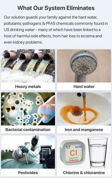 Water system removes heavy metals, hard water, bacteria, iron, pesticides, chlorine, and hard water.