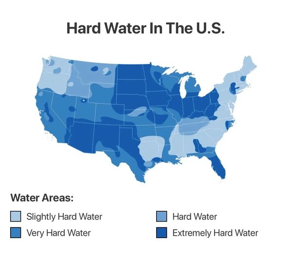 Map of the United States showing hard water on a color scaled map. Calcium and Manganese deposits.