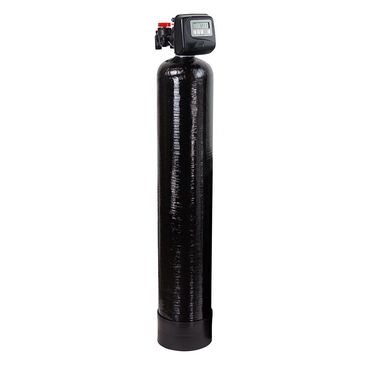 Tall black water softener tank with clack Ws-1 digital control valve on top. Fine Mesh Resin is best