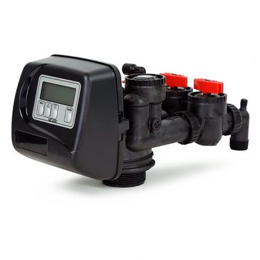 Black irrigation valve with digital timer and red manual valves. Clack digital water softener valve.