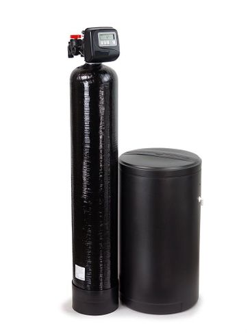 Modern black water softener system with digital control panel.