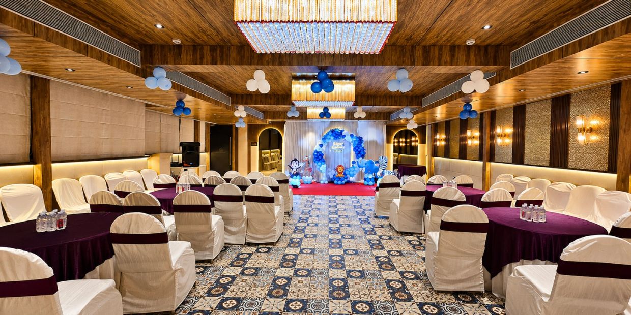 Elegant banquet hall decorated for a children's party.