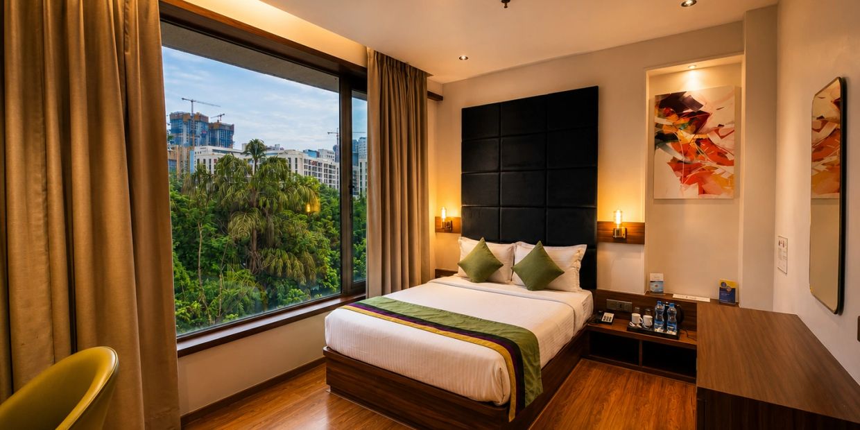 Modern hotel room with a large window overlooking greenery and cityscape.