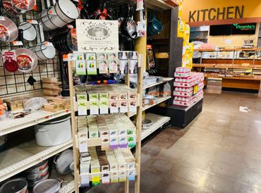 Display of Fernando's Natural Soap in a kitchenware aisle of a supermarket.