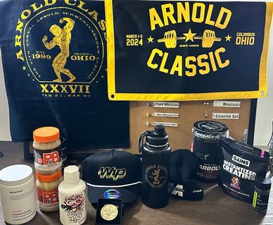 Arnold Classic memorabilia including apparel, supplements, and accessories.