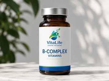 Bottle of VitaLife B-Complex vitamins on a white surface.
