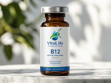 VitaLife B12 Methylcobalamin supplement bottle on marble surface.
