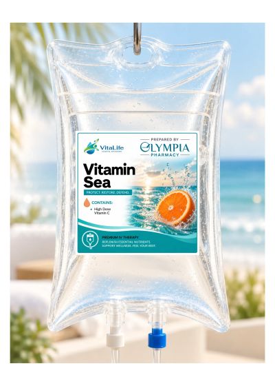 IV bag labeled Vitamin Sea with an orange slice in water design.
