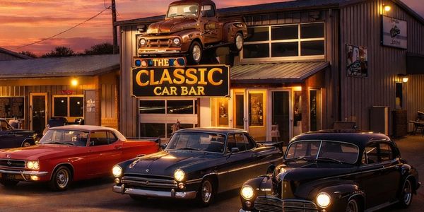 Classic cars parked outside The Classic Car Bar at sunset.