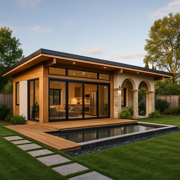 Modern backyard studio with wood deck and small pool.