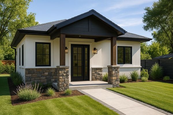 Modern single-story house with stone accents and a manicured lawn.