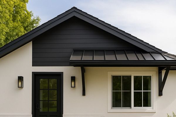 Modern small house with black door and cozy outdoor seating.
