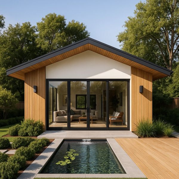 Modern backyard with a pool and cozy wooden house surrounded by greenery.