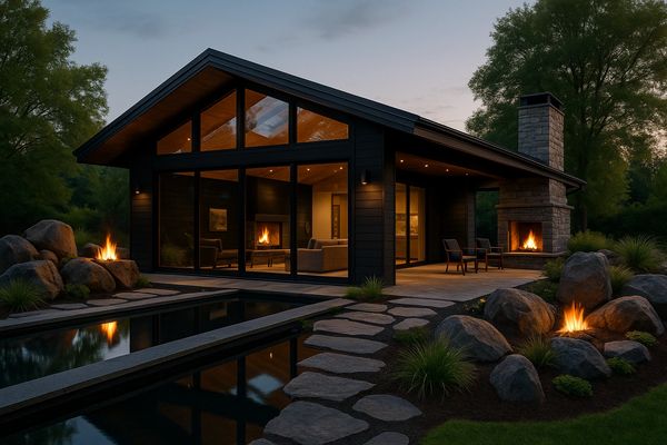 Modern house with multiple outdoor fireplaces and a sleek pool at dusk.
