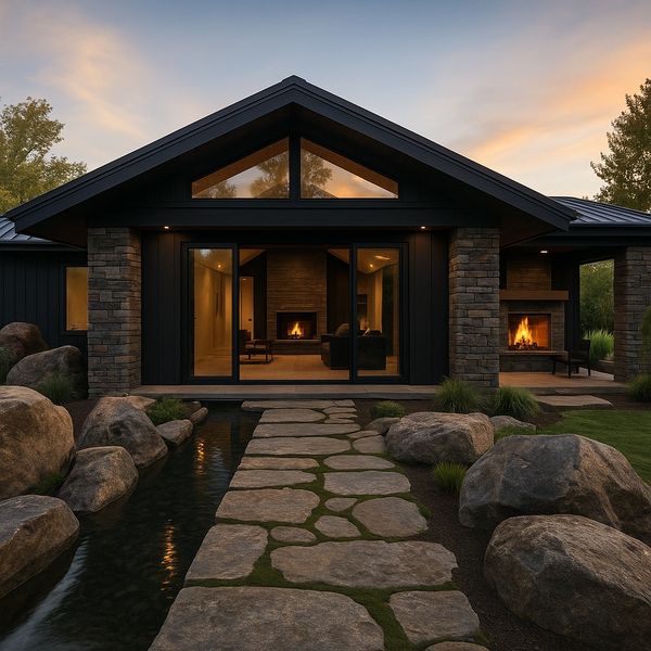 Modern house with stone pathway, water feature, and warm fire at dusk.