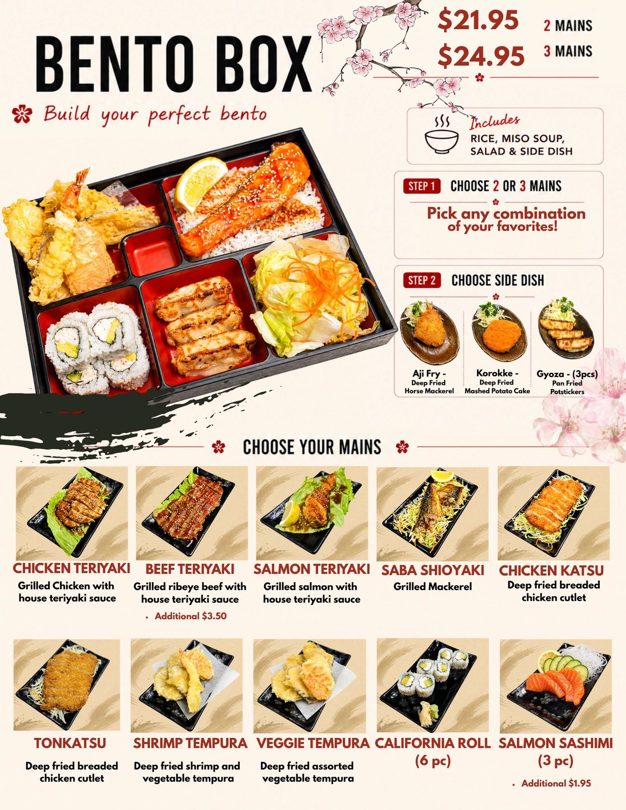 Japanese bento box menu with customizable mains and sides, including teriyaki, tempura, and sushi options.