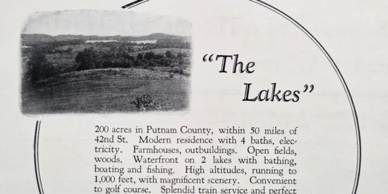 Advertisement for a 200-acre property called 'The Lakes' with modern amenities and scenic views.